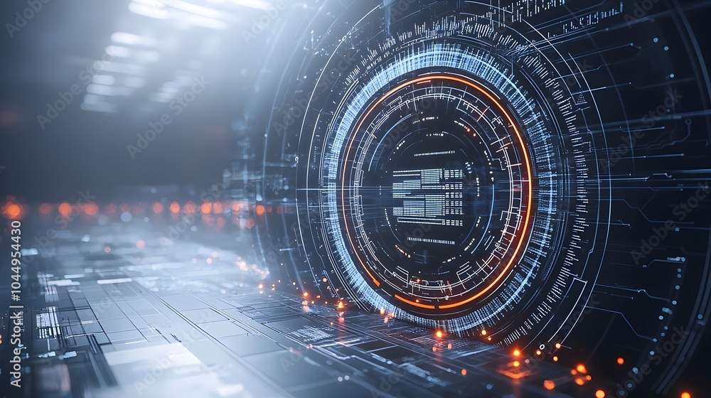 Poster Futuristic 3D tech circle design with glowing points and digital lines against a dark background symbolizing big intelligence and technological advancements