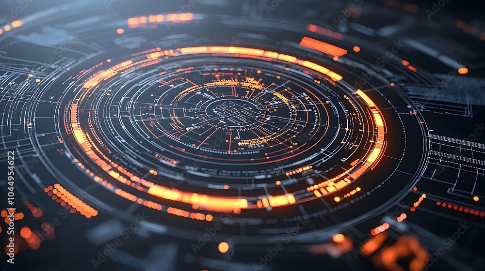 Poster Glowing Tech Circle with Complex Digital Connections and Data Streams Set Against a Dark Backdrop 3D Rendering Symbolizing Big Data and Digital Transformation