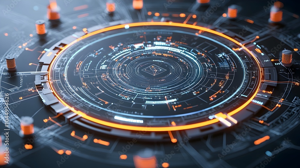 Fototapete Futuristic technology circle with glowing data streams and complex digital connections set against a dark backdrop symbolizing big data and digital innovation in a 3D rendering