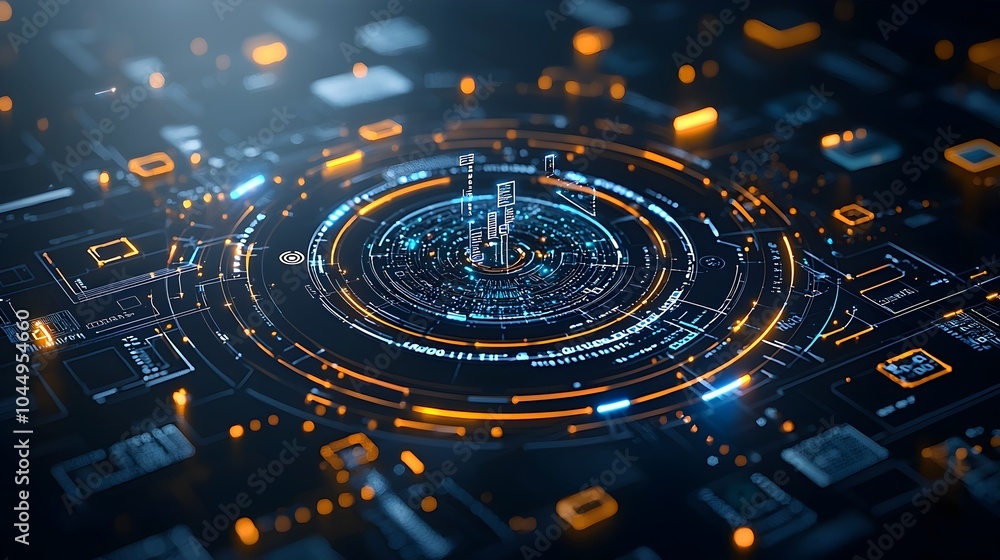 Poster Glowing tech circle with complex digital data streams and interconnected lines against a dark backdrop representing the power of big intelligence and advanced technology in a 3D rendered scene