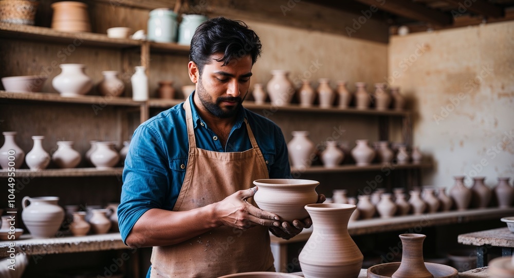 Poster artisan crafting pottery in a workshop background skilled artisan focused on crafting beautiful pott