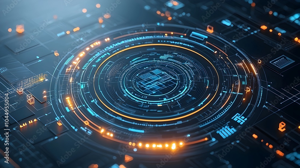 Poster Polygonal tech backdrop featuring glowing geometric shapes and patterns representing big data digital transformation and futuristic technology concepts in a dynamic 3D rendering