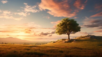 Obraz premium Golden hour bathes a tranquil meadow in warm hues