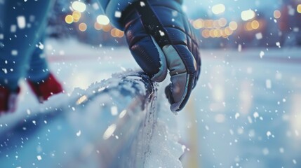 A closeup of a skaters hands tightly gripping the rail as they glide across the ice.