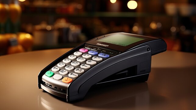A close-up view of a card payment terminal on a counter in a retail setting during evening hours