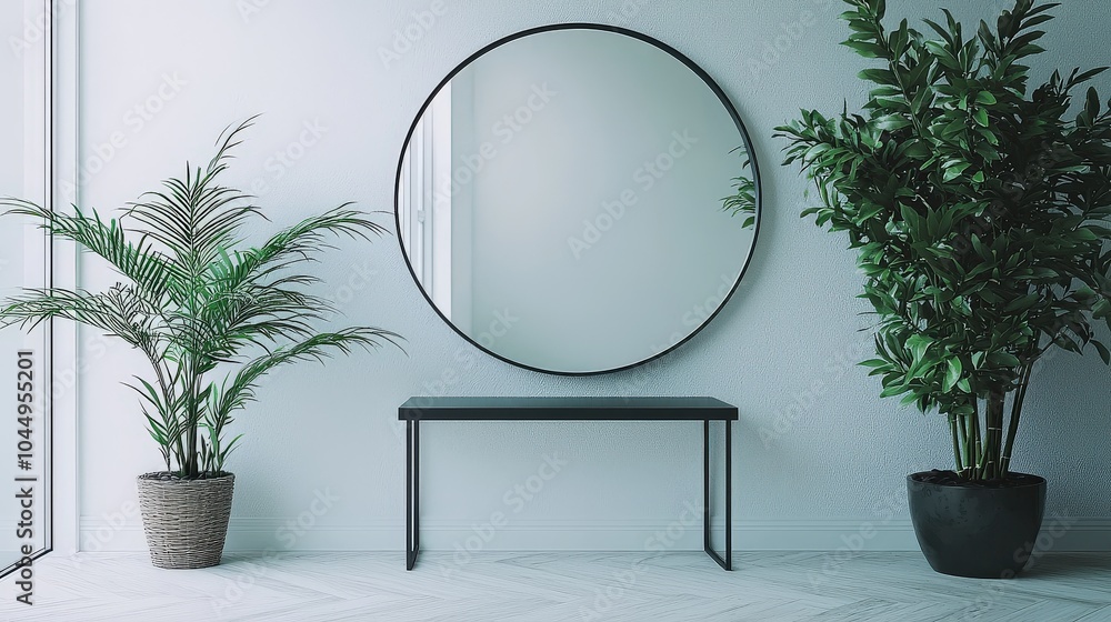 Poster a minimalistic approach featuring a modern mirror with a black metal frame, elegantly displayed agai