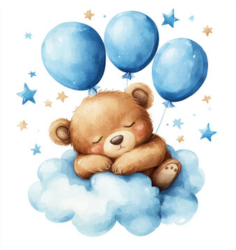 A cute and charming teddy bear sleeping on a cloud with blue stars and balloons. .