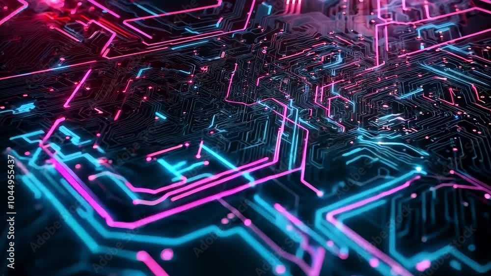 Poster vibrant close-up of a circuit board showcasing intricate light patterns in a dark setting