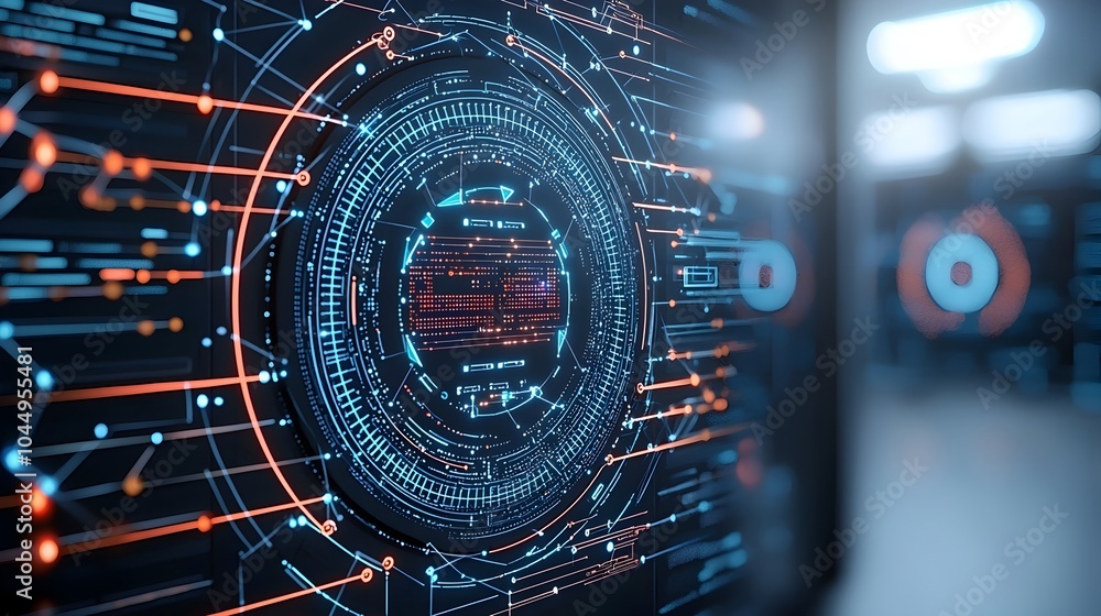 Fototapete Futuristic digital backdrop featuring intricate polygonal shapes interconnected patterns and vibrant colors representing the power of technology data processing and innovative digital solutions