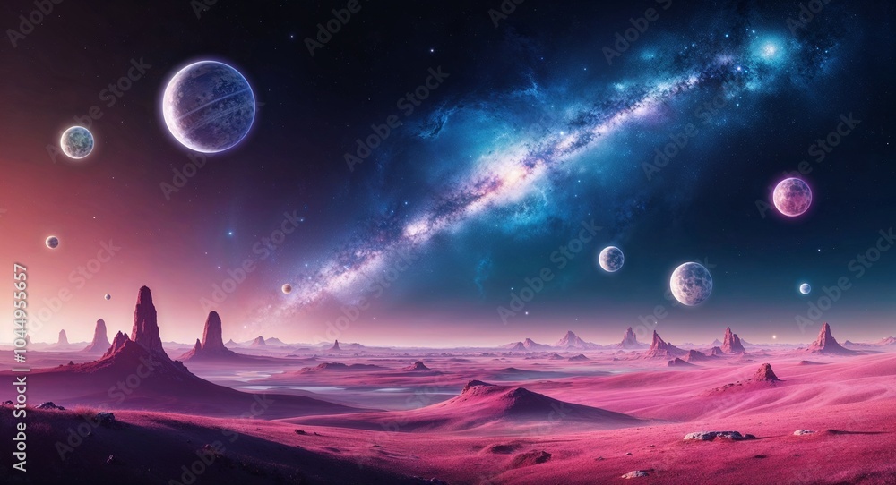 Poster celestial landscape with floating celestial bodies background dreamlike landscape adorned with float
