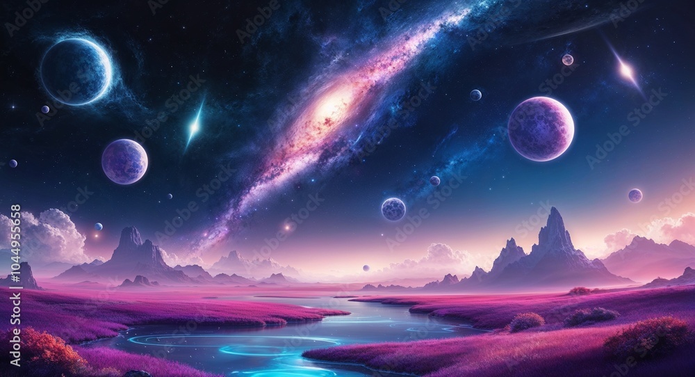 Poster celestial landscape with floating celestial bodies background dreamlike landscape adorned with float