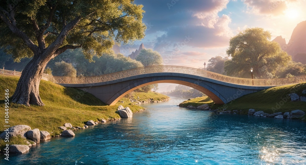 Poster charming bridge over a sparkling river background picturesque bridge arching over a shimmering river