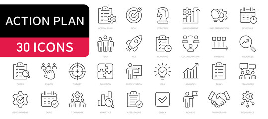Action plan vector line icons set. Planning, strategy, objective editable stroke icon