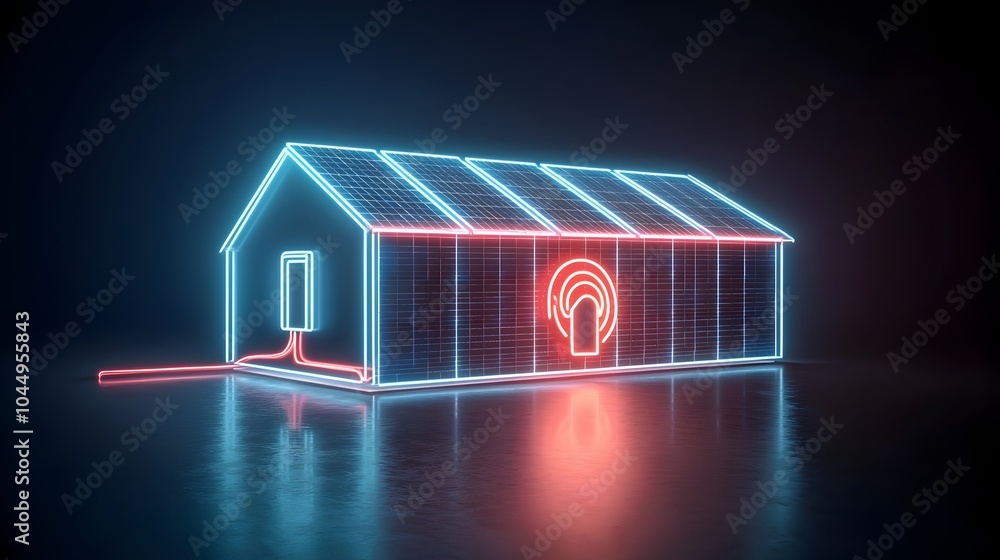 Poster bright neon house with solar panels generating clean renewable electricity on a dark background feat