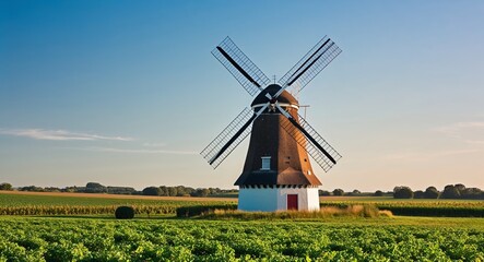 Fototapeta premium Charming windmill amidst farmland background quaint windmill standing proudly in the midst of flourishing farmland
