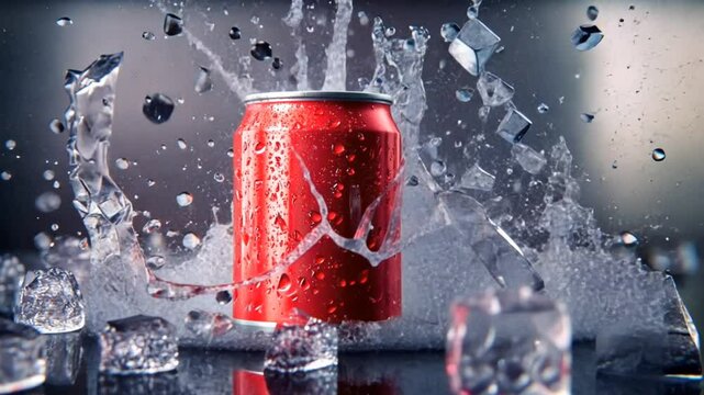 Refreshing red soda can splashing with ice cubes around in dramatic motion. Beverage advertisement concept