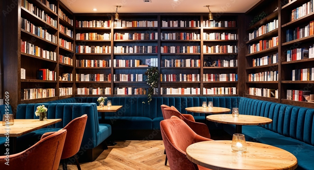 Poster cozy cafe with plush seating and books background inviting cafe filled with plush seating and shelve
