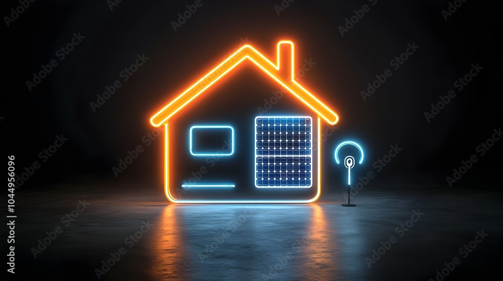 Poster glowing neon icon of an eco friendly home with illuminated solar panels and an electrical plug set a