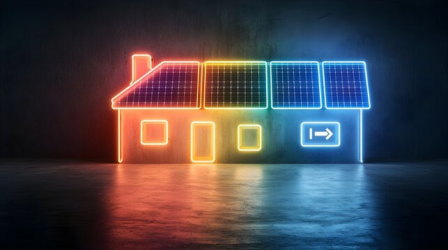 Striking image of a neon lit house with bright glowing solar panels set against a dark backdrop symbolizing the power of clean renewable energy