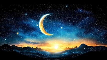 A pastel night sky filled with dreamy stars and a glowing moon casting a soft light over the horizon of a distant planet.
