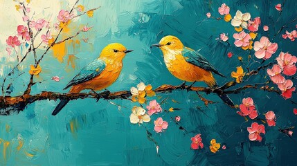 Obraz premium A pair of charming birds resting on a blooming tree branch, framed by colorful blossoms, capturing the essence of springtime joy and tranquility.