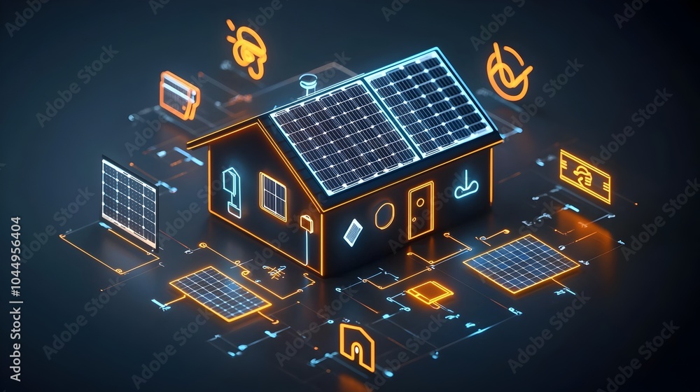 Poster glowing neon house with solar panels generating electricity on dark background for energy efficiency