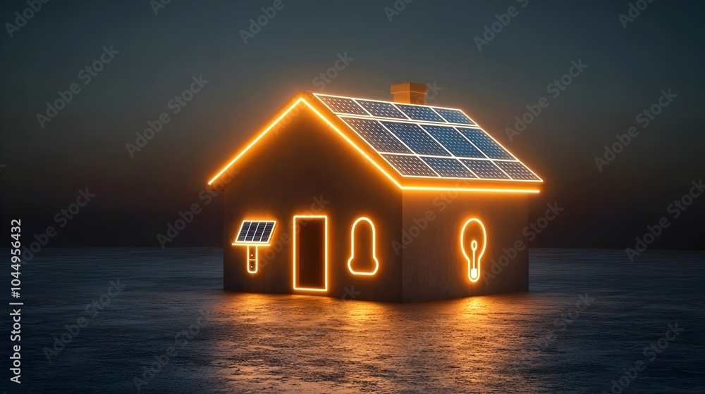 Poster glowing neon house with solar panels on the roof generating electricity with a plug symbol set on a 