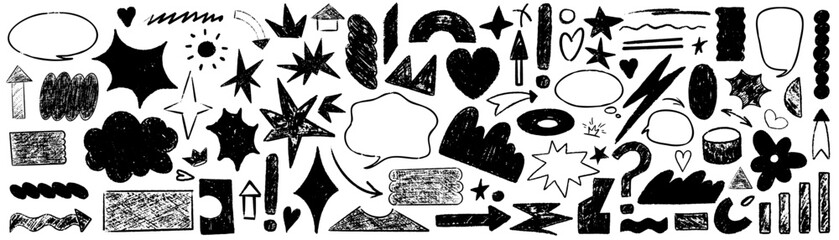 Hand drawn arrow scribble crayon set. Squiggle, scratch doodle kid arrow star set. Crayon scratch texture shape children kid naive. Vector illustration