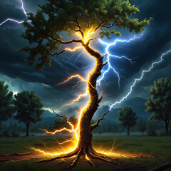Fototapeta premium A large tree stands tall in a field, struck by two streaks of lightning. One is bright yellow, the other blue. The sky is dark and stormy, with clouds overhead.