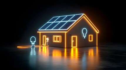 Bright neon house with solar panels glowing on its roof featuring a plug symbol set against a black backdrop representing the concept of sustainable and renewable energy solutions for modern homes