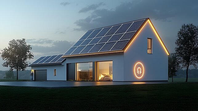 Glowing neon house with solar panels on its roof featuring a plug symbol set against a dark backdrop representing the concept of sustainable energy and clean power