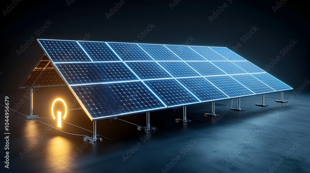 Poster glowing neon solar panel installed on a house roof with a plug symbol graphic representing the conce