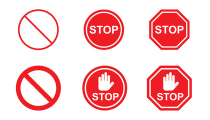 Stop sign with hand. set of stop street icon collection. red stop hand sign with text. stop road sign. road sign and symbol. flat design. vector icon