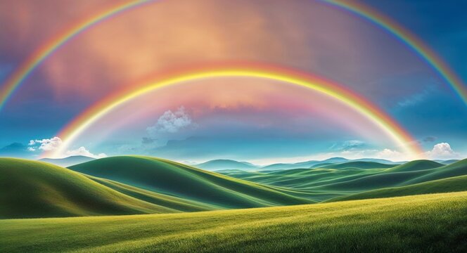 Fantasy landscape with rolling hills and rainbow background whimsical landscape featuring rolling hills under a vibrant rainbow