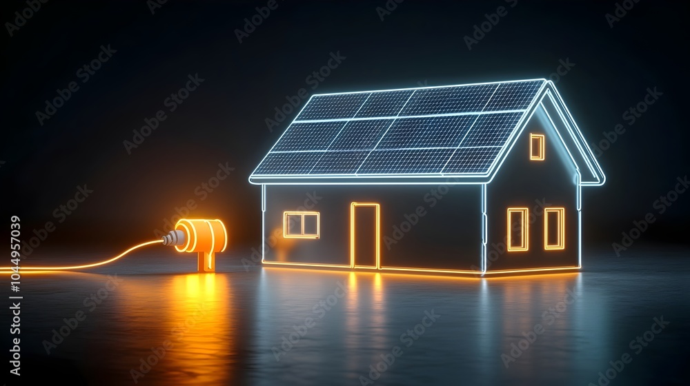 Poster neon illuminated house with solar panels generating renewable electricity futuristic emphasizing cle