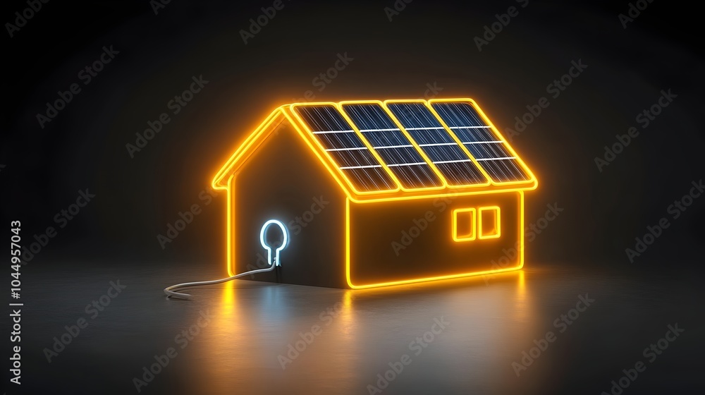 Poster neon house icon with solar panels on the roof generating power with a plug symbol glowing brightly o