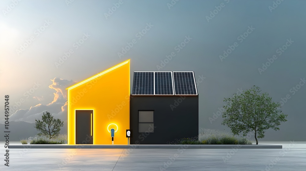 Aufkleber neon house icon with solar panels on its roof generating power with a plug symbol glowing brightly o