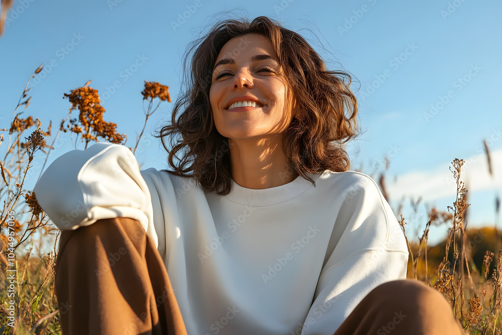 Canvas Prints Happy mature woman wearing white blank sweatshirt and brown pants, relaxing in nature on wonderful sunny autumn day