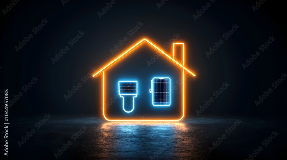Poster glowing neon icon of a house with solar panels and a plug symbol set against a dark background to sh