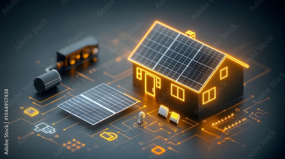 Aufkleber glowing neon house icon with solar panels and plug symbol set against a dark background symbolizing 