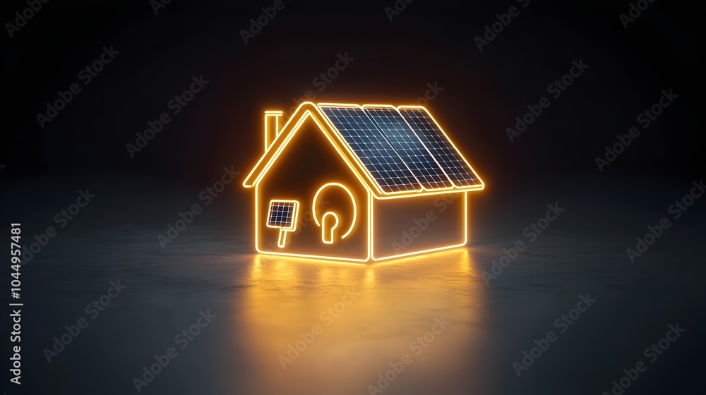 Poster glowing neon house icon with solar panels and plug symbol set against a dark background representing