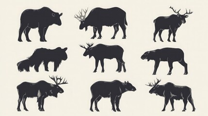 Naklejka premium Silhouettes of large northern mammals, vector illustration