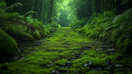 Obraz premium A trail in the middle of a forest covered with moss..