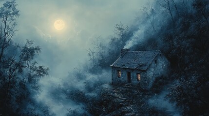 A playful Halloween night scene showcasing a glowing full moon above a creepy old house, with swirling fog and shadowy trees adding to the eerie ambiance.
