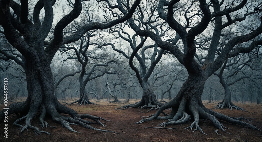 Poster gnarled trees with twisted branches background foreboding trees with contorted limbs creating a dark