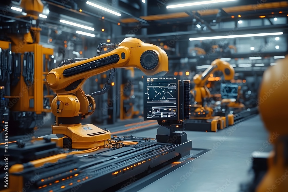 Poster futuristic smart factory showcasing advanced industrial automation and robotics technology