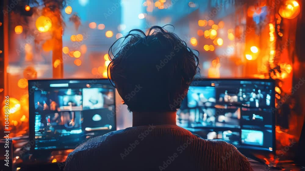 Poster back view of a man observing multiple screens in a dark room, surrounded by various monitors display