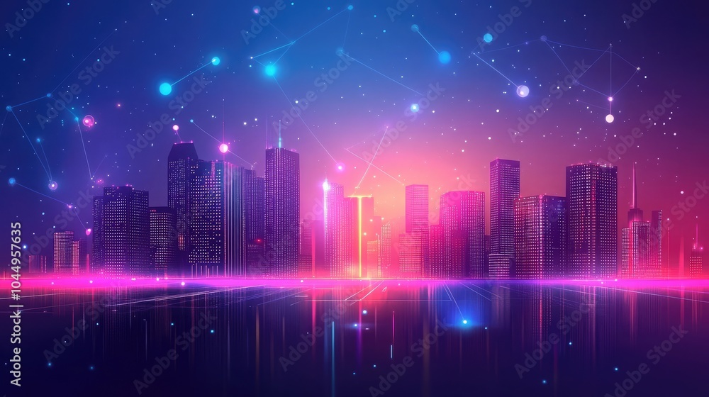 Poster smart city design with connected dots and gradient lines