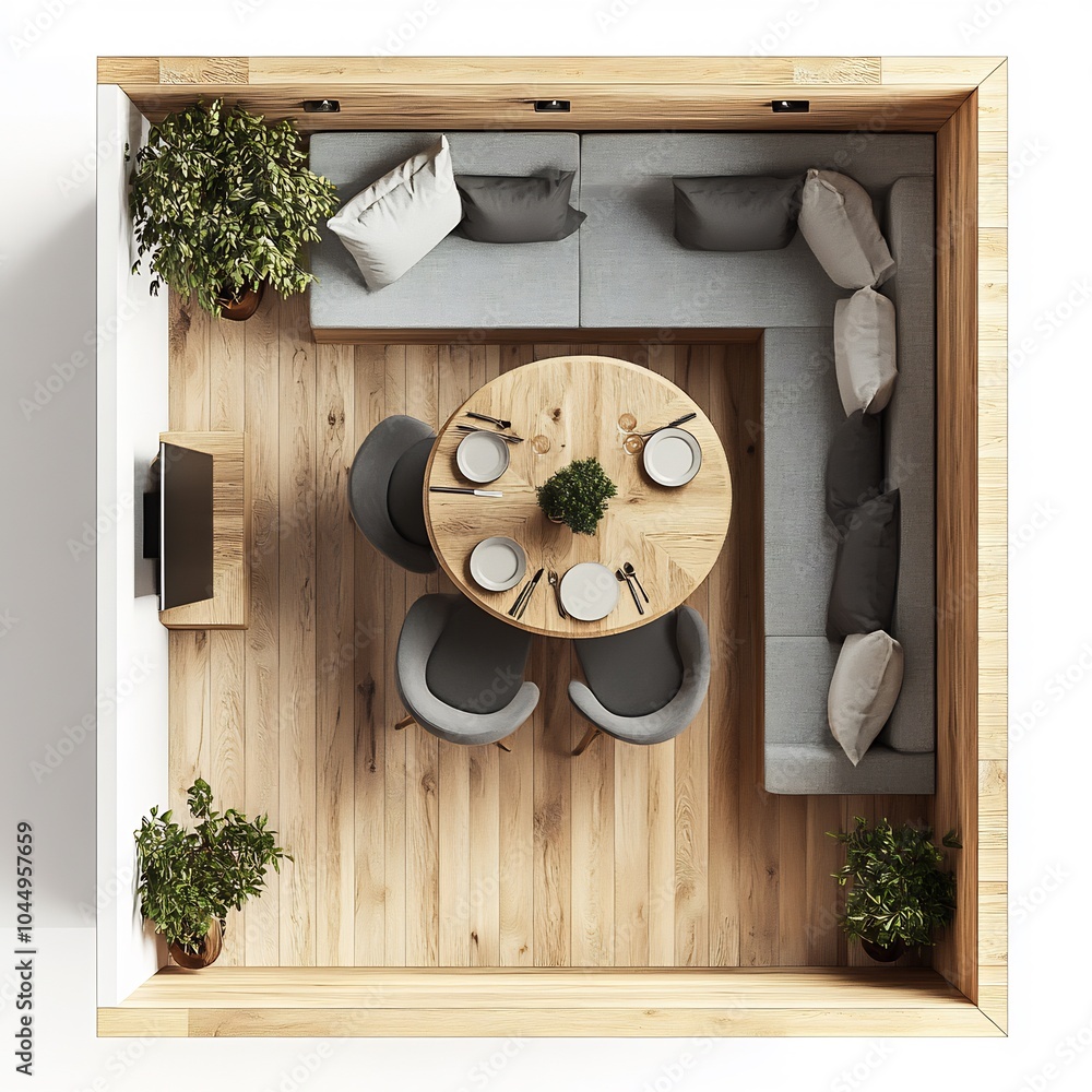 Poster top view 3d render of cozy small dining area with a compact table and minimalist chairs detailed flo