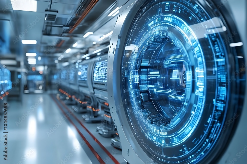 Poster futuristic smart factory interior showcases advanced automation and interconnected systems